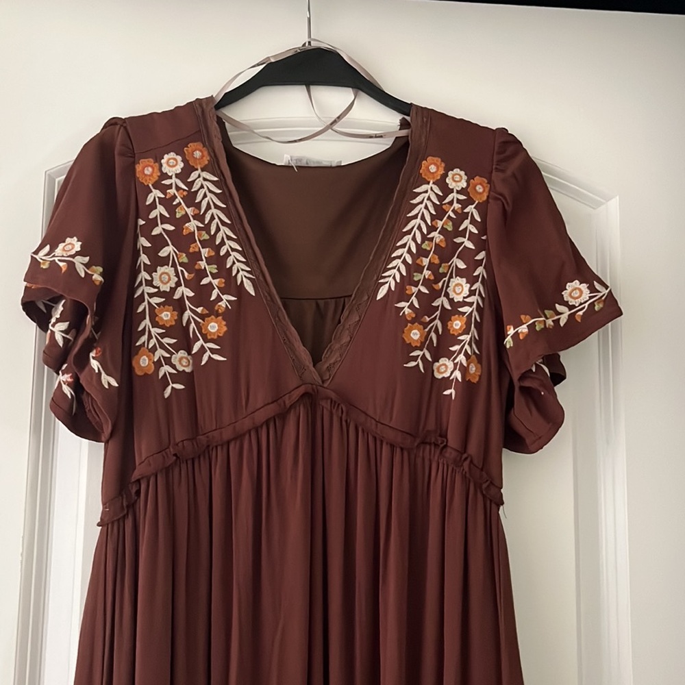 PinkBlush Brown Embroidered Tiered Maternity Maxi Dress